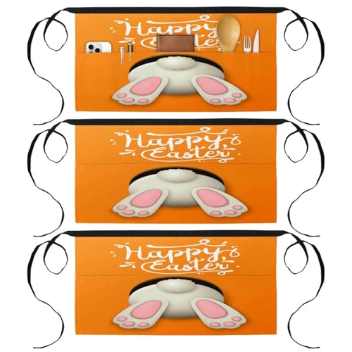 Lot de 3 tabliers courts de chef à 3 poches multicolores Happy Easter