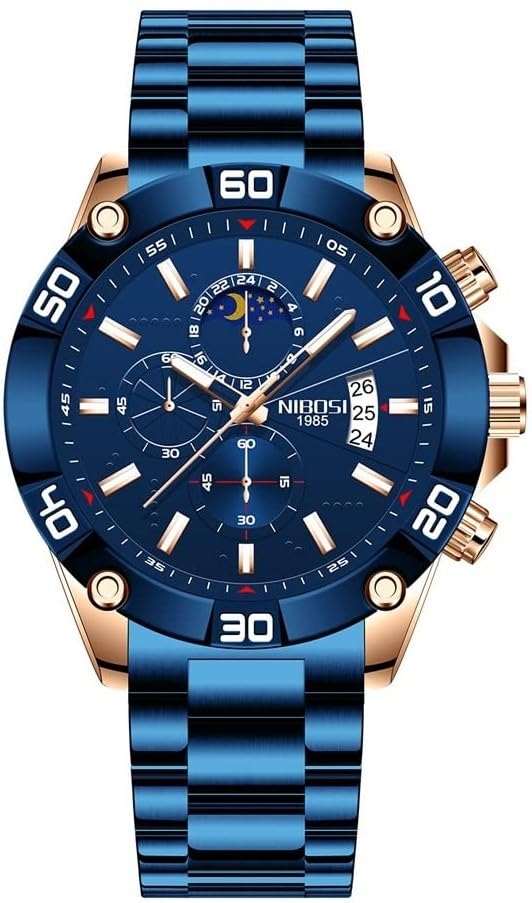NIBOSI Stainless Steel Blue and Gold Classic Fashion Chronograph Calendar Watch for Men (B09JM4N6Z7) Amazon Price History, Amazon Price Tracker