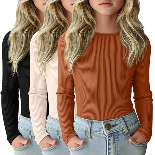 LessonZoo 3 Pack Girls Long Sleeve Shirts Ribbed Knit Cotton Layering Tops Slim Fit Crewneck Casual Undershirts(Black, Cream, Pumpkin,9-10 Years)