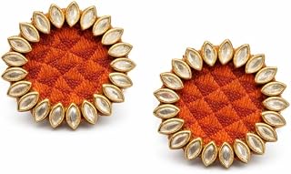 Kundan Stud Earrings with Khun Fabric, Orange and Gold Tone, Round Floral Design Price In India