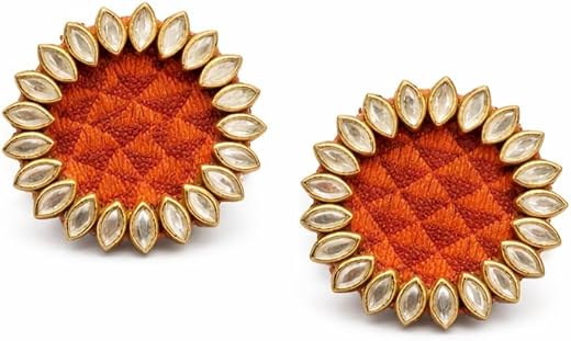 Kundan Stud Earrings with Khun Fabric, Orange and Gold Tone, Round Floral Design