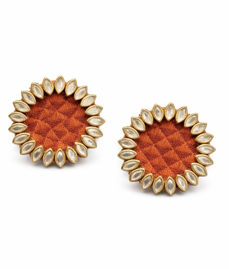 Kundan Stud Earrings with Khun Fabric, Orange and Gold Tone, Round Floral Design - Review, Price and Buying Guide
