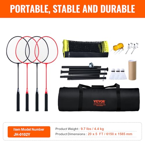 VEVOR Badmintonnetz-Set, Badmintonnetz für den Außenbereich, Badmintonschläger, Nylon-Federbälle, Spannvorrichtung, Begrenzungslinien, Tragetasche, Schwarz, Polyethylen (PE), Badminton