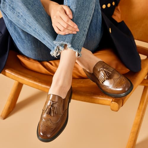 Image of BEAU TODAY Tassel Loafers for Women,Leather Brogue Dress Shoes,Wingtips Oxford for Women,Breathable Comfortable Slip-on Lace-up Handmade Flat Shoes for Business Work