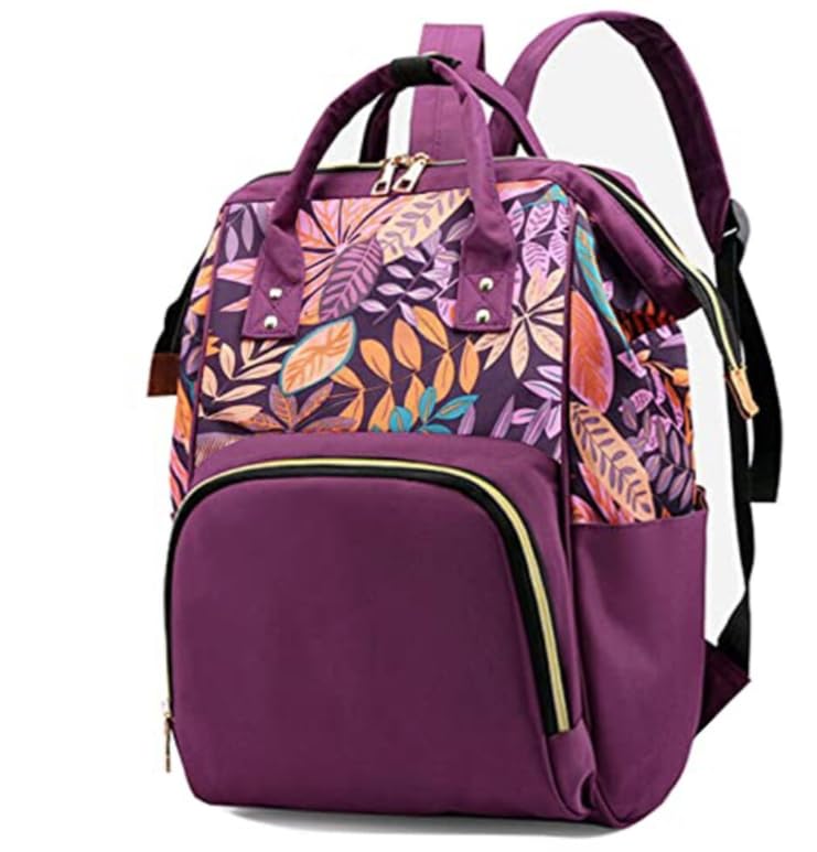 Floral Print Diaper Bag Backpack, Purple, Large Capacity with Insulated Bottle Pockets, Anti-Theft Pocket, Multiple Storage Compartments-picture-16