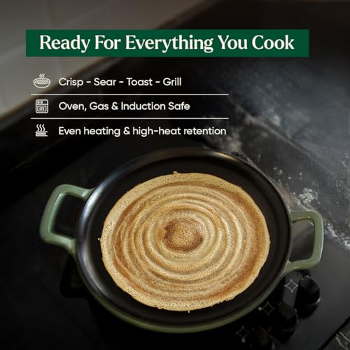 Image of Ember Cookware Pre-Seasoned Cast Iron Tawa for Dosa & Roti 30 cm | 10-Year Warranty | 30% Lighter, Non Stick Induction Cookware | Non Stick Dosa Tawa | Heavy Duty Cookware | Green