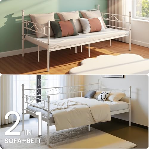 FetiNes Tagesbett Bettgestell 90x200 cm Bett, Metal Wasserdicht Familienbett Gästebett Metallbett Jugendbett Einzelbett Sofabett für Schlafzimmer Wohnzimmer passend, Weiß
