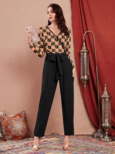 Image of LONDON BELLY Women's Polyester Semi-Formal Jumpsuit with Round Neck Half Sleeves Adjustable Waist Tie Abstract Pattern and Regular Fit | Women Stylish One Piece Outfit | Women Regular Fit Jumpsuit