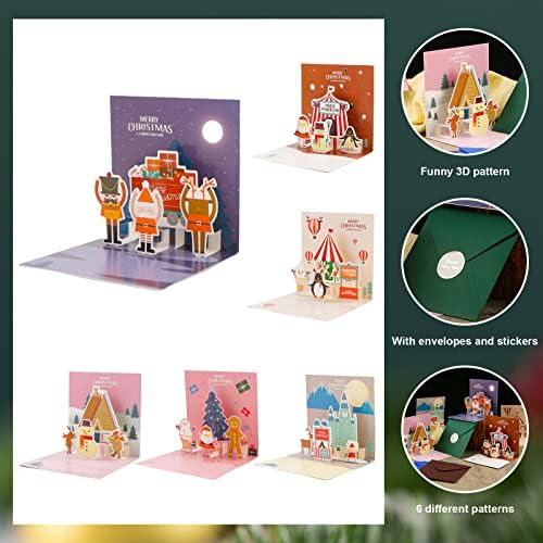 3D Christmas Cards, 6PCS Pop Up Christmas Cards with Envelopes Merry Xmas Season Greetings Cards Merry Christmas Card for Kids, Friends