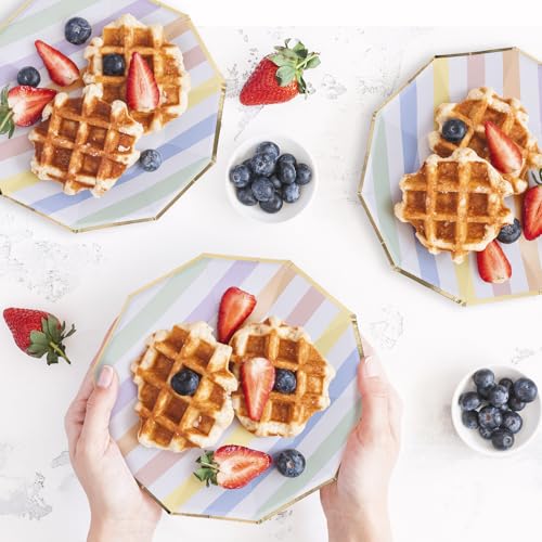 Image of Party Paper Plates, 50-Pack 9-Inch Bulk Disposable Decorative Paper Plates with Gold Decagon Trim, Pastel Colors for Tea Party, Easter, Garden Party, and Bridal Showers, Pastel Rainbow Stripes