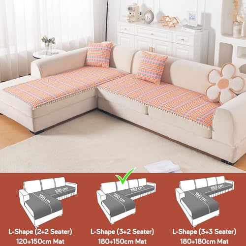 Image of HOKIPO L Shape (3+2 Seater) Sofa Cover Seat Mat | 300 GSM Cotton Acrylic Jacquard Fabric with Tassel, 'Trivana Series' Coral Orange (IN-936+935-J2)