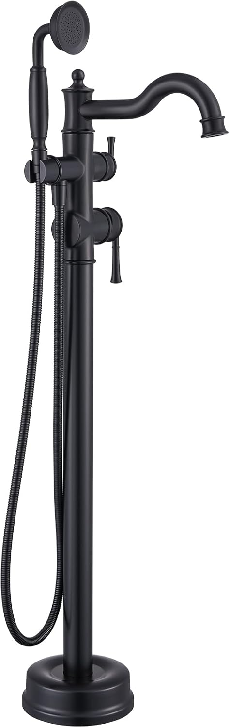 Free Standing Tub Faucet, Qinkell Classic Elegant Gooseneck Freestanding Bathtub Faucet with Sprayer Brass Luxury Floor Mount Bath Faucets High Flow Roman Tub Filler, Matte Black (QC-202511BK)
