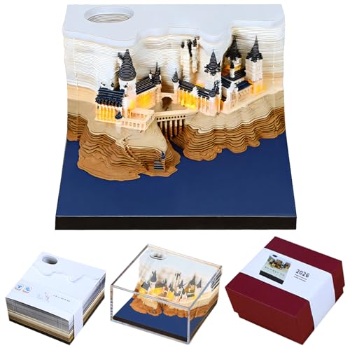 Time Piece Calendar 2026 3D Sticky Notes 2026 Magic Castle with Weekly & LED Lights 3D Calendar Paper Carving Art Memo Pad Notepad Gift for Christmas Housewarming Desktop Decoration