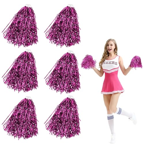 WNXBFO 6pcs Pom Poms Cheerleading, Rose Red Cheerleader Pom Poms, Cheerleading Pom Poms, Filament-Encrypted Bouquets, Pompoms Metallic Foil Pompoms For Sports Team Spirit Cheering Party Dance