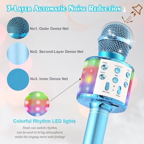 laqula Wireless Bluetooth Karaoke Microphone with Led Lights Portable Handheld Singing Karaoke Speaker Machine Toys for Kids Adults (Blue - Image 4