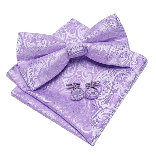 Image of Barry.Wang Paisley Striped Bow Tie for Men Silk Pre-Tied Bowtie Pocket Square Cufflinks Set Formal Wedding Party Prom
