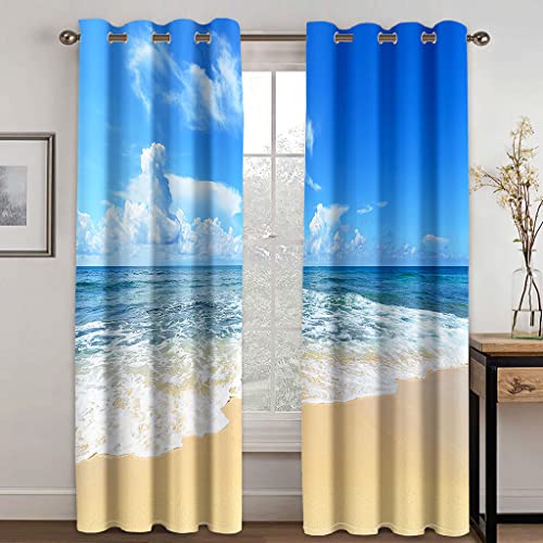 SHATOS Cortinas Salon Modernas 2 Piezas 140X160cm Impresión Hermoso Paisaje Marino Azul 3D Cortinas Opacas Termicas Aislantes con Ojales para Niño Niña Habitacion Dormitorio Decoración De La Ventana
