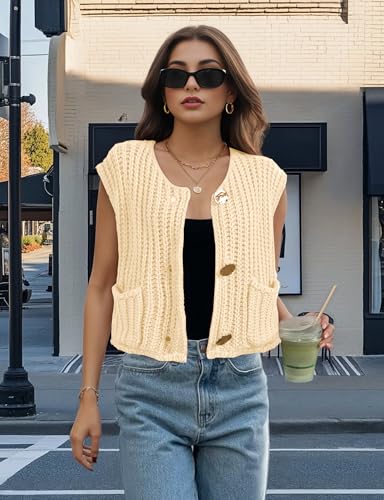 Image of Womens Cropped Sweater Vest Sleeveless Chunky Kint Cardigan Top Casual Warm Button Down Crop Tops with Pockets