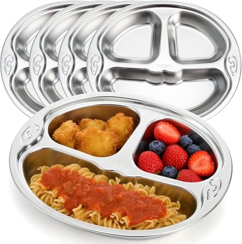 SOUJOY Paquete de 4 platos divididos de acero inoxidable, 3 secciones, plato de cena con control de dieta, bandeja compacta irrompible en forma de mono para servir alimentos para niños, comedores