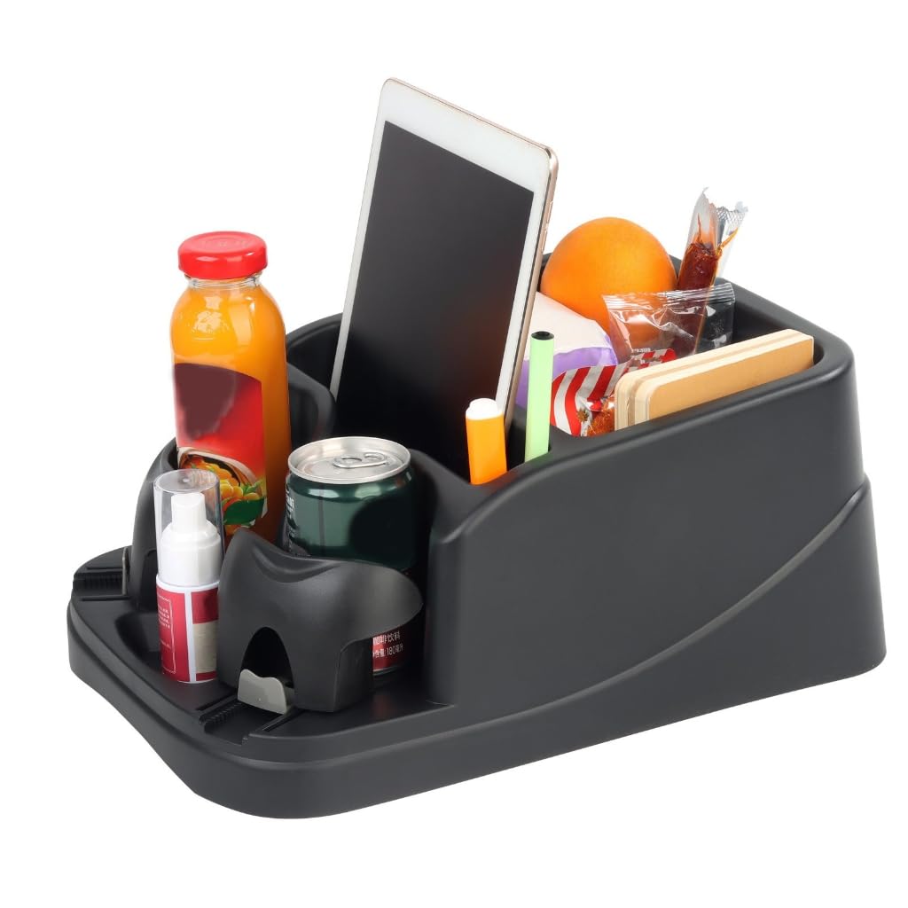 Organizador de asiento trasero de coche con soporte para tazas, soporte para tableta, bandeja de almacenamiento automático