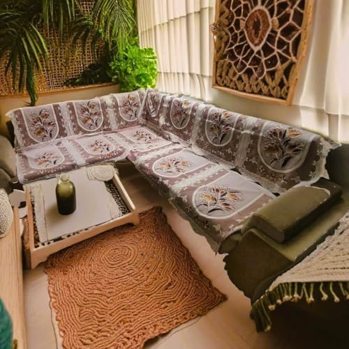 Image of Fab Nation Sofa Covers for 7 Seater Cotton L Shape Sofa Set || Sofa Slipcovers for 4 + 3 Seaters || Floral Print, Brown Color