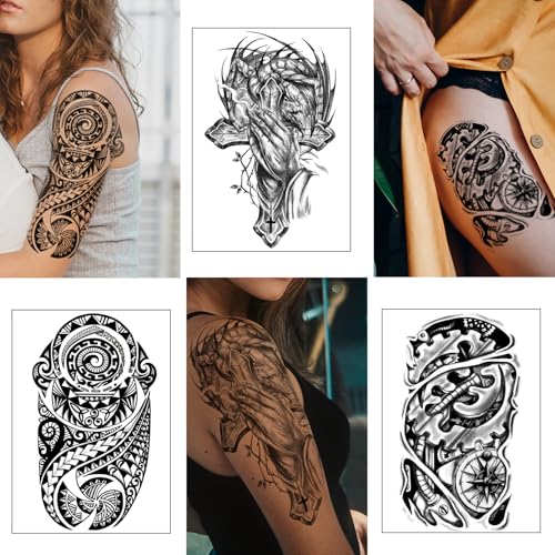 Yazhiji 36 Sheets Temporary Tattoos Stickers, 12 Sheets Fake Body Arm Chest Shoulder Tattoos for Men or Women with 24 Sheets Tiny Black Tattoos - Thumbnail 5