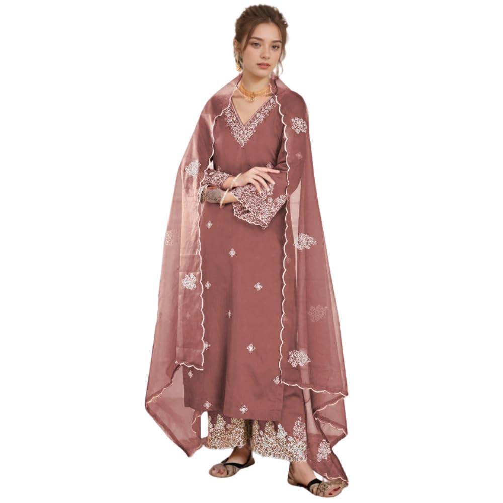 shienzy Women's Embroidered Chanderi Kurta Pant Set With Net Dupatta | V Neck, 3/4 Sleeve Ethnic Set | Outfit for Office & Festive Wear (1657 Kurta Set)-picture-33