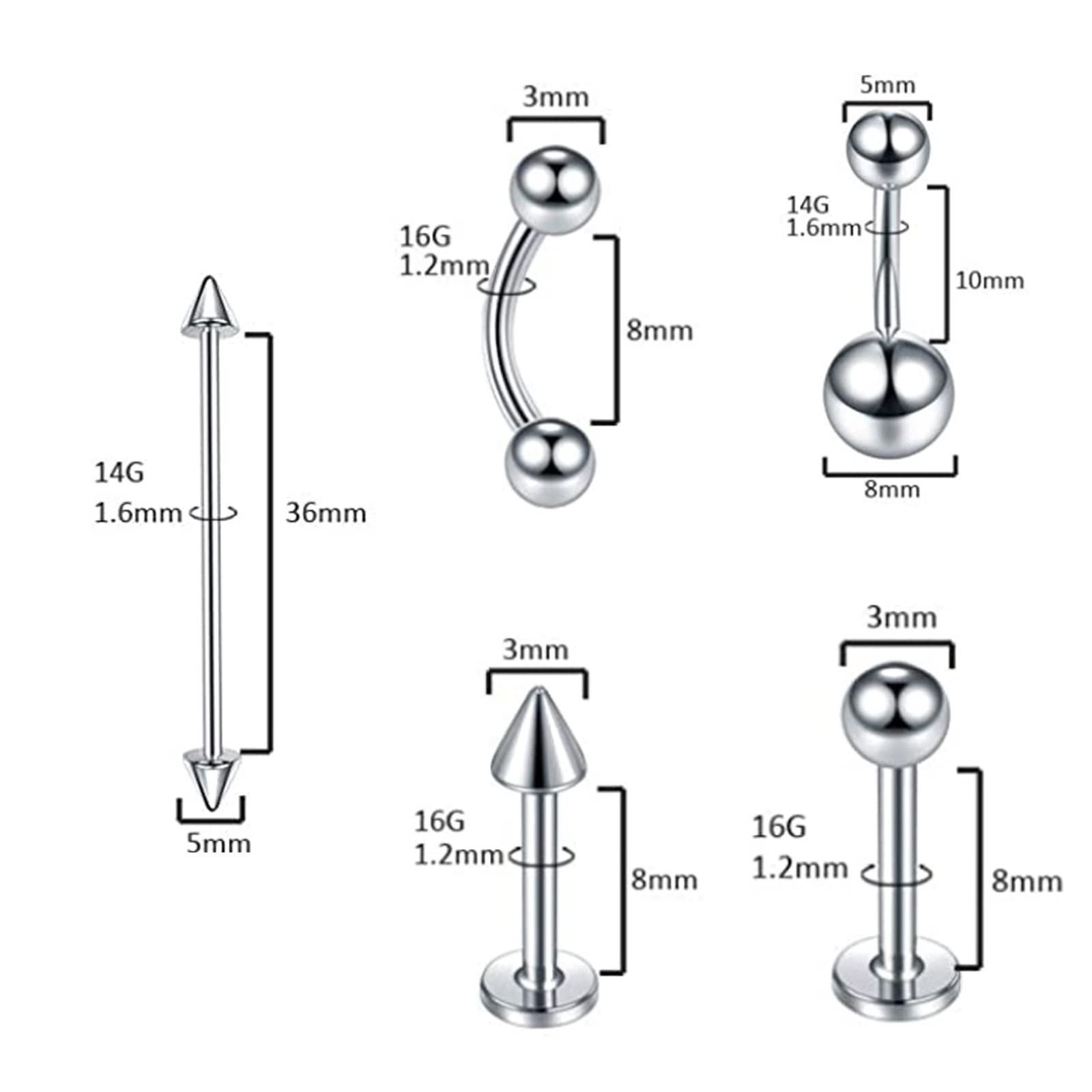 Nasenring Piercing, Septum Piercing Edelstahl 150Pcs Tragus Lippenringe Bauchnabel Zunge 1.2mm/1.6mm Stabstärke C und S Förmiger Bolzen Piercing