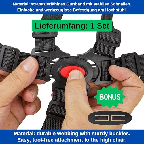 Hochstuhl 5-Punkt Gurtsystem, 1 Set, kompatibel mit Hauck, Stokke Tripp Trapp, Roba, uvm., in Schwarz, Gurt mit Brustclip, verstellbarer Kinderhochstuhl Sicherheitsgurt, Hochstuhlgurt 5 Punkte System