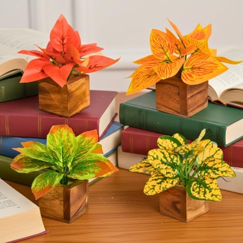 Image of DecoreBugs Artificial Leaves Potted Plants in Wooden Pot (4 Pack) Money Plant | Small Plants for Home Decor | Office Decor