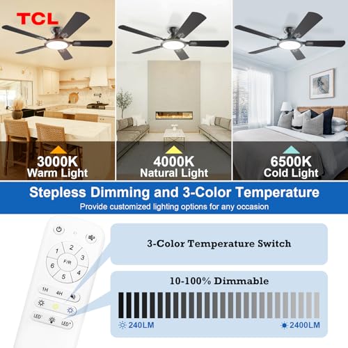Image of TCL Ceiling Fans with Lights, 52 Inch Low Profile Ceiling Fan with Light and Remote Control, Flush Mount, DC Reversible Motor, Noiseless, 6 Speeds Ceiling Fan for Bedroom (Black)