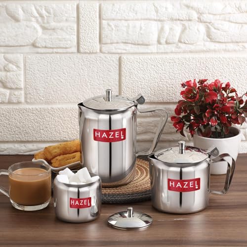 Image of HAZEL Stainless Steel Tea Coffee Sugar Serving Pot with Handle & Lid | Strong and Sturdy, Spill Proof Pouring, Set of 3 | Perfect for Diwali Festival Celebrations