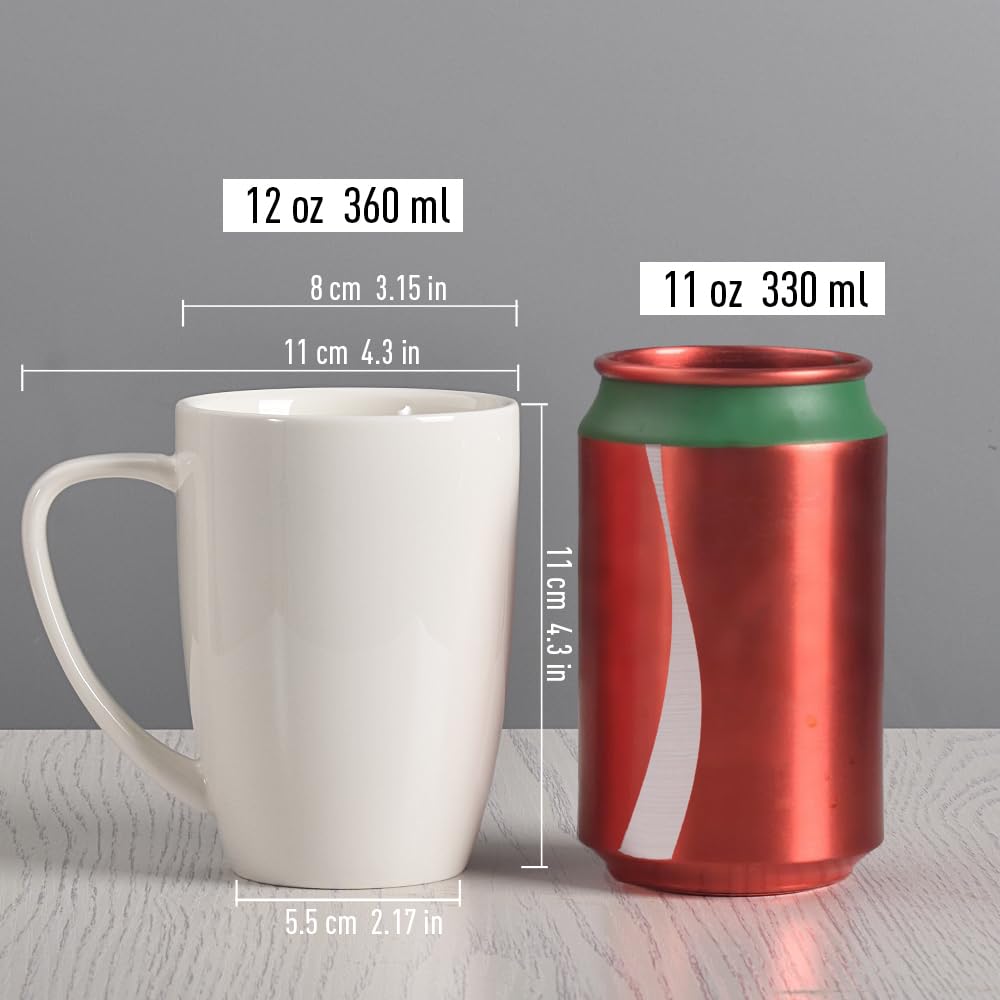 homEdge Juego de tazas de porcelana, taza de 12 onzas para té, latte, moca, chocolate caliente, juego de 6, color blanco