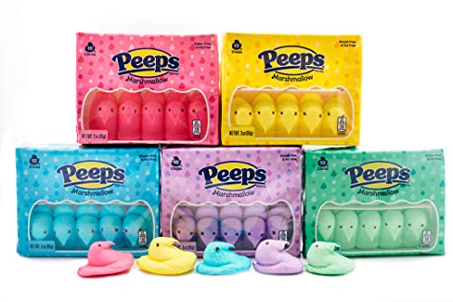 Marshmallow Peep Chicks Easter Colors - 5 Packs of 10 - Yellow, Lavender, Pink, Green, and Blue Chicks - Classic Marshmallow Candy - Decorative Seasonal Peeps