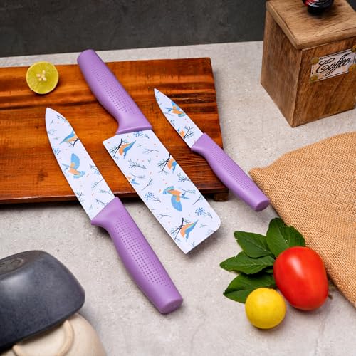 Image of Professional Piece Kitchen Knife Set - High Carbon Stainless Steel Chef, Utility & Santoku Knives with Ergonomic Blue Handles Knife (Purple, 3 piece)