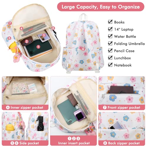 Kawaii Backpack Pink Flower Y2K Aesthetic Cute Small cosmetic bag Large Capacity Multi-Pocket Lightweight Beige with Accessory3