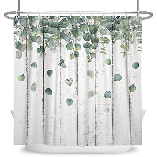 SDOTPMT 152x183cm Eucalyptus Green Leaves Shower Curtain Grey Wooden Plank Floor Natural Botanical Plants Spring Rural Farmhouse Bath Curtain Fabric Polyester Bathroom Curtain With Hooks - Image 4