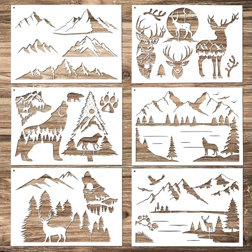 6 Pochoirs Montagne pour Peindre sur Bois, Pochoirs Réutilisables Modèle de Cerf, Motifs...