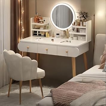 Nordic Style Corner Vanity Set with Round Mirror, Drawer Storage, Solid Wood Desk, Flower Shape Stool Included, Space Saving Design, Bedroom/New Life/Wedding Gift 39.4 inches 100 cm, Double Layer, Warm White
