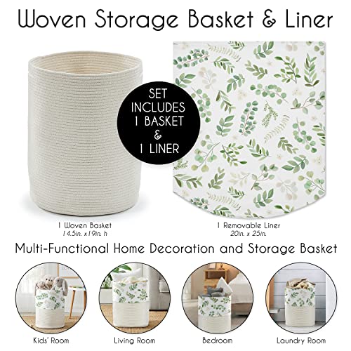 Sweet Jojo Designs Green Boho Floral Leaf Boy Girl Woven Laundry Basket Hamper Cotton Rope Storage Bin Dirty Clothes Toy Closet Organizer Removeable Liner Sage White Bohemian Gender Neutral Watercolor #TOP4