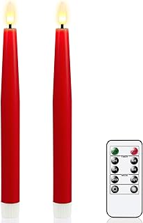 GenSwin Flameless Taper Candles, Set of 2 Red LED Taper Candles Battery Operated with Remote Timer, Real Wax Flameless Candlesticks with 3D Flame for Home Wedding Party Holiday Decor (0.78” x 9.65”)
