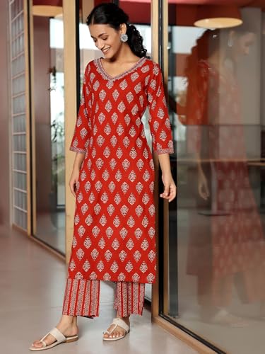 Image of Libas Womens Printed Cotton Straight Kurta With Palazzos | daily wear suit