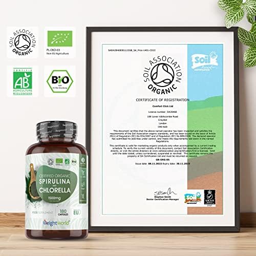 Organic Spirulina and Chlorella Capsules - 2250mg Per 3 Spirulina Chlorella Powder Capsules - 180 Vegan Superfood Powder Capsules - Soil Association Certified Alkaline Supplement - Made in The EU