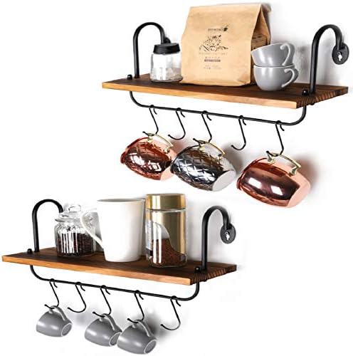 Olakee Floating Wall Shelves for Kitchen Bathroom Coffee Nook with 10 Adjustable Hooks for Mugs Cooking Utensils or Towel Rustic Storage Shelves Set of 2/17x5.9 inch (Carbonized Black)