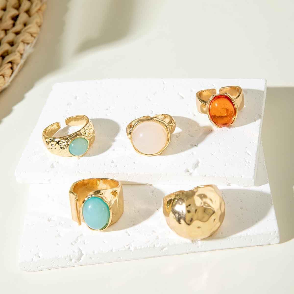Chunky Gold Gemstone Ring Set for Women Adjustable Stackable Statement Rings Punk Geometric Turquoise Minimalist Jewelry - Image 2