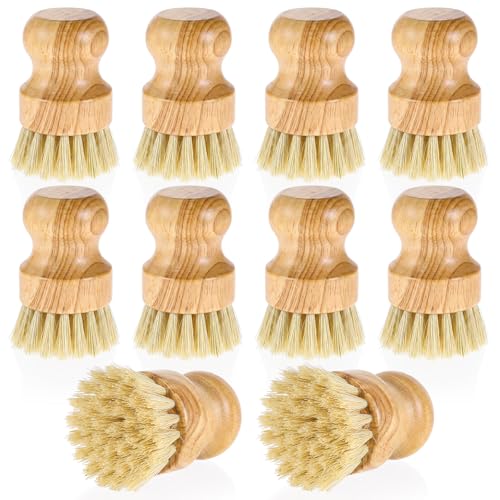 10 Packs Bamboo Dish Scrub Brushes Natural Dish Scrubber with Sisal Bristle Kitchen Dishwashing Cleaning Brush for Kitchen Cleaning Dishes, Pots, Pans, Bottles, Vegetables