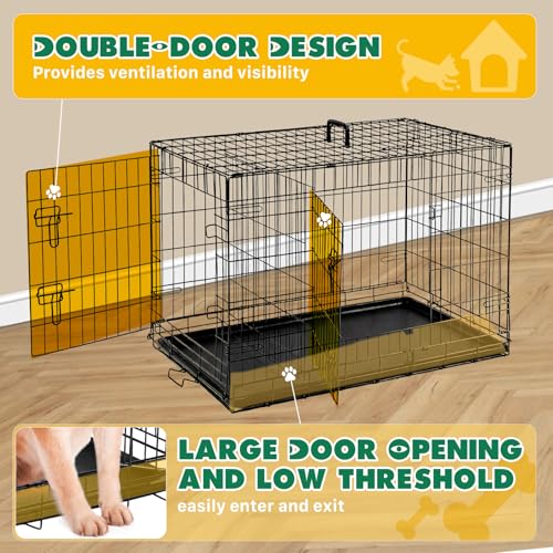Image of Dog Crate - Medium 36 Inch Double Door Portable Dog Cage, Metal Wire Pet Kennel with Secure Lock, Leak-Proof Pan Tray, Foldable Design for Dogs Pets Indoor Training and Outdoor Travel