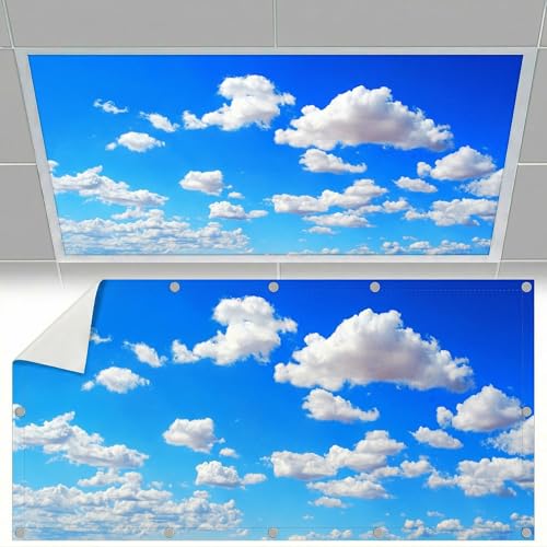 SCWISOAS Fluorescent Light Covers for Ceiling Lights -Magnetic Cloud Cover for Fluorescent Or LED Fixture 2ft x 4ft Classroom,Home,Office Decoration Filters Overhead Lighting.Blue Sky and White Clouds