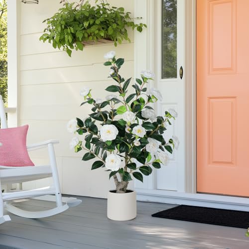Image of YEPDIN 39 inch White Fake Camellia Tree with White Planter - 3.2 Ft Tall Artificial Tree,Large Faux Plants Indoor Outdoor,Housewarming Gift