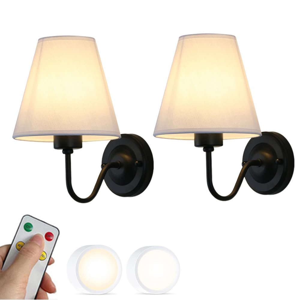 Czarne kinkiety ścienne zasilane bateriami z kloszem z tkaniny, zestaw 2 lamp w stylu vintage w stylu wiejskim, bezprzewodowy pilot zdalnego sterowania, oprawy do sypialni, oświetlenie